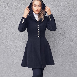 Hooded Wool Princess Coat, Military Style Dress Coat, Winter Jacket with Back Ribbon, Victorian Inspired Plus Size Overcoat, Flared Coat