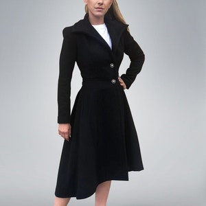 Black Princess Cut Dress Coat, 1950s Style Fit and Flare Coat, Asymmetrical Wool Coat, Vintage Style Maxi Coat, Single Breasted Jacket Coat
