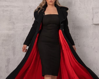 Long Wool Coat, Floor Length Victorian Coat, Black Maxi Woolen Black Overcoat, Gothic Winter Coat, Ladies Fit and Flare Dress Coat
