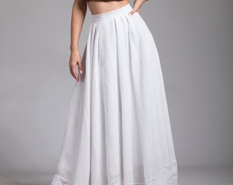 Long Flowy Wedding Guest Skirt, White Summer Linen Skirt, Maxi Plus Size Skirt with Lace, Bridal Linen Skirt, Peasant Style Wide Skirt