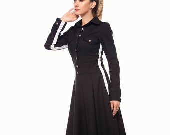 Robe chemise noire, robe rayée, robe Maxi avec manches, vêtements grande taille, robe ajustée et évasée, longue robe noire, robe en coton noir
