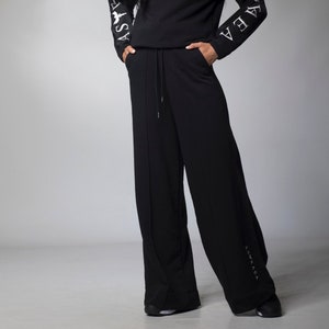 Palazzo Drawstring Pants with Seam Pockets, Black Flowy High Waisted Trousers, Pull On Cotton Wide Leg Pants, Ladies Comfy Athleisure Pants