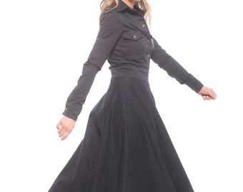 Maxi Denim Dress, Black Wedding Guest Dress, Long Shirt Dress, Gothic Plus Size Clothing, Cotton Denim Dress, Button Down Floor Length Dress