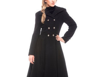 Wool Princess Coat, Fit and Flare Skirted Coat, 1950s Style Swing Overcoat, Tailored Fitted Victorian Coat, Black Wool Cashmere Coat