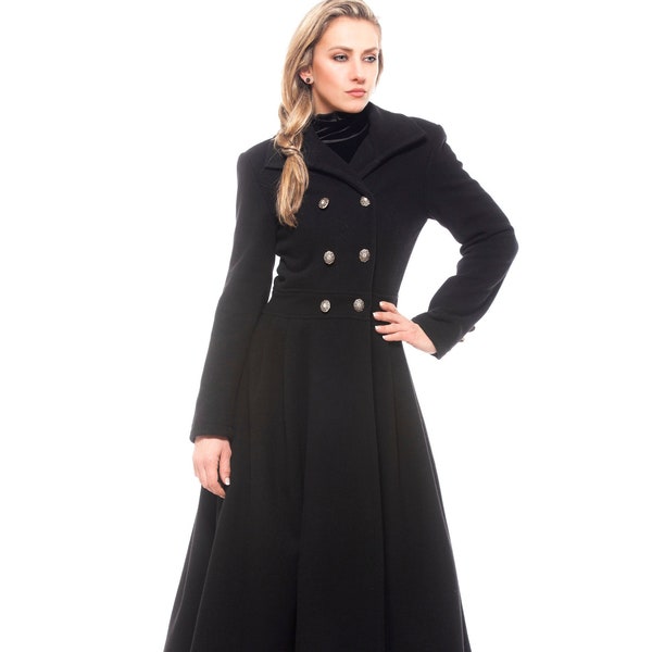 Wool Princess Coat, Fit and Flare Skirted Coat, 1950s Style Swing Overcoat, Tailored Fitted Victorian Coat, Black Wool Cashmere Coat