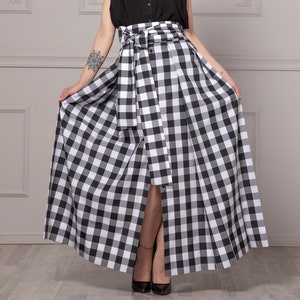 Buffalo Plaid High-Waisted Skirt with Train-Like Sides - Extravagant Cotton Plus Size Skirt - Button Down Maxi Skirt, Picnic Pattern