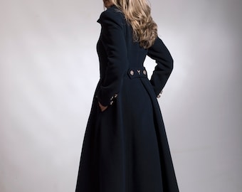 Long Wool Coat for Women, Dark Blue Maxi Cashmere Coat, Winter Floor Length Coat, Elegant Princess Wool Jacket, Victorian Gothic Fitted Coat