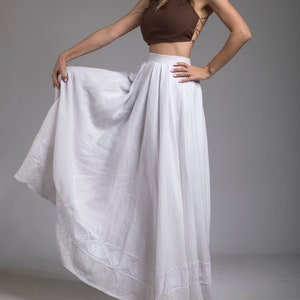 White Linen Maxi Skirt , Long Linen Wedding Skirt, High-Waisted Skirt Boho Skirt, Summer Pleated Lace Skirt, Full Circle Custom Flared Skirt