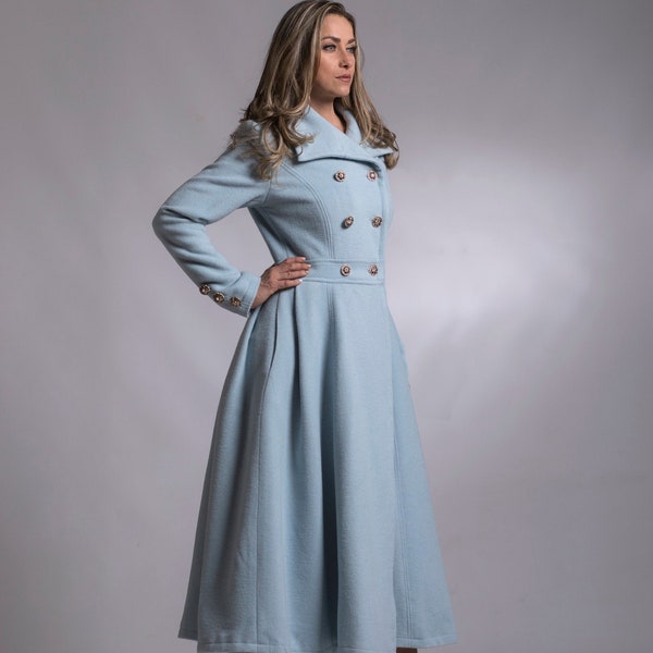 Light Blue Princess Coat Dress, Wool Fit and Flare Coat, Winter Wool Cashmere 50s Style Overcoat, Elegant Swing Vintage Style Jacket Coat