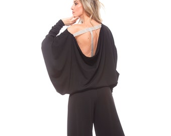 Semi-Formal Jumpsuit with Open Back, Elegant Evening Jumpsuit, Plus Size Jumpsuit, Black Batwing Overalls, Fancy Cocktail Jumpsuit