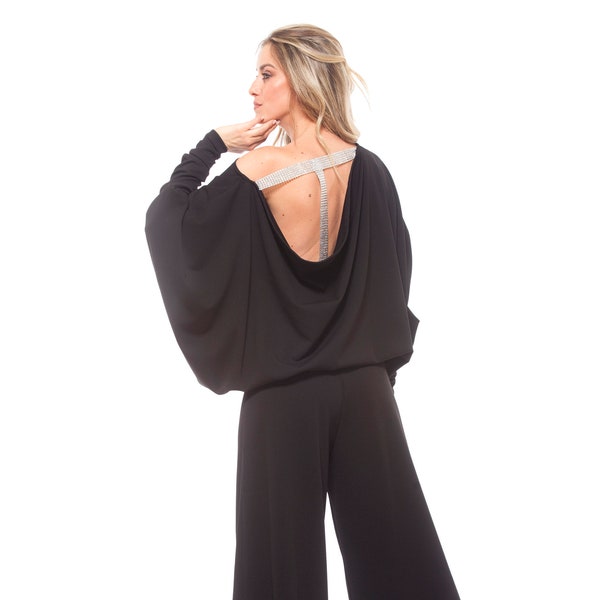 Semi-Formal Jumpsuit with Open Back, Elegant Evening Jumpsuit, Plus Size Jumpsuit, Black Batwing Overalls, Fancy Cocktail Jumpsuit