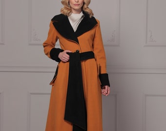 Unique Designer-Made Super Warm Mustard & Black Fairycore Overcoat with Big Lapel and Wide Long Belt, Fit and Flare Princess Cut Jacket Coat