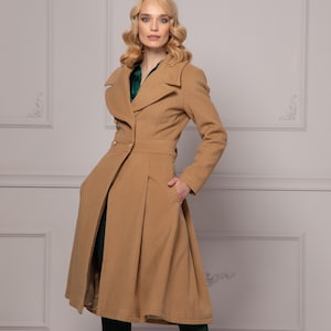 Fit and Flare Long Wool Camel Coat, Skirted Overcoat, Winter Swing Coat, Double-Breasted Jacket, Wide Lapel Buttons Overcoat, Plus Size Coat