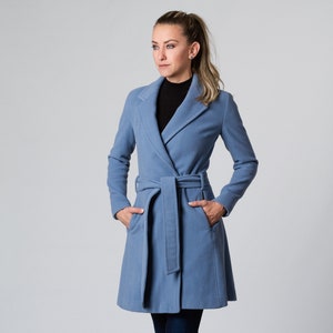 Blue Coat, Cashmere Wool Coat, Elegant Knee Length Coat, Women Overcoat, Plus Size Clothing, Belted Coat with Pockets, Light Coat, Midi Coat image 2