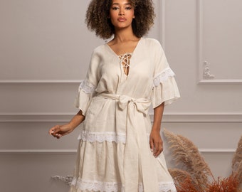 Boho Linen Lace Dress with Belt ~ Linen Handmade Clothing great Wedding Guest Dress or Mother of The Bride ~ Linen Summer Clothes