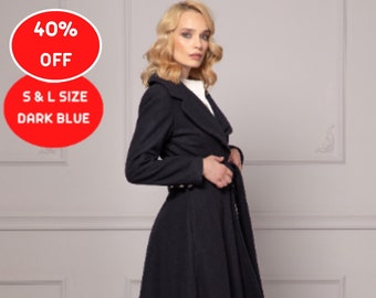 40% OFF S & L Size Coat - Dark Academia Skirted Overcoat, Black Wool Jacket with Long Belt, Flattering Pockets Overcoat, Ladies Winter Coat