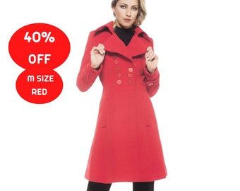 40% SALE Roter Mantel Größe M - Elegantes Großes Revers Mantel mit Zweireihigem Verschluss, Schmeichelhafte Cabochon, Woll-Kaschmir-Jacke mit Stehkragen
