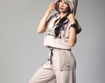 Set met hoodie met korte mouwen en wijde broek, tweedelig set, joggingpak voor dames, loungeset, trainingspak dames, damesbroekenset