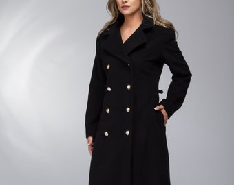 Black Cashmere Coat With Buttons, Winter Wool Coat, Plus Size Clothing, Black Fitted Coat, Long Wool Coat, Women Outerwear, Wool Overcoat