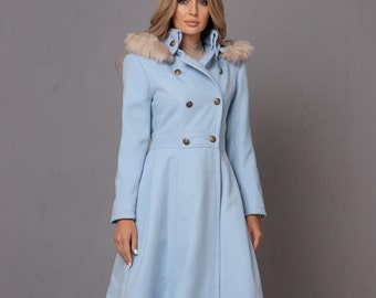 Light Blue Feminine Wool Cashmere Princess Coat with Roomy Faux Fur Hood, Double Breasted Winter Overcoat, Full Length Jacket for Ladies