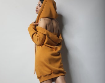 Mustard Sweatshirt Dress Hooded 