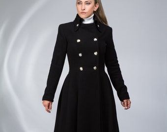Maxi Wool Coat with Buttons, Floor Length Fit and Flare Coat, Maxi Princess Jacket, Double-Breasted Custom Wool Coat, Unique Military Coat