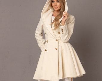 Princess Coat, White Swing Coat, Hooded Wool Coat, Winter Clothing, Plus Size Coat, Winter Cashmere Coat, Warm Wool Coat, Astraeafashion