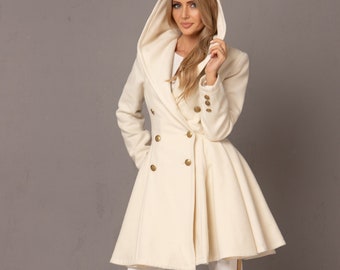 Skirted Princess Cut Coat, Off White Swing Elven Overcoat, Hooded Wool Coat, Custom Midi Winter Dress Coat, Double Breasted Blazer with Hood