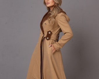 Wool Coat Dress with Hood, Fitted Long Winter Overcoat, Elegant Custom Made Hooded Jacket, Double-Breasted Cashmere Coat, Fairycore Coat