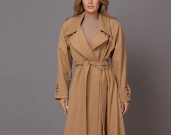 Maxi Wool Plus Size Coat - Pleated Back Coat, Wide Beige Overcoat, Winter Trench Coat, Winter Voluminous Jacket, Wool Designer Belted Coat