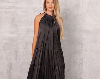 Halter Neck Satin Maxi Dress, Summer Womens Clothing, Elegant Long Dress, Black Maxi Dresses, Evening Dress, Wedding Guest Dress