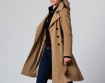 Camel Wool Cashmere Winter Trench Coat, Plus Size Double Breasted Knee Length Coat, Custom Coat Women, Vintage Inspired Peacoat Overcoat
