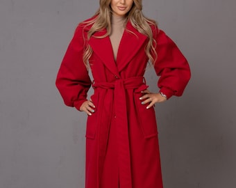 Vintage Inspired Bishop Sleeves Coat, Red Wool Statement Jacket, Maxi Winter Trench Coat, Custom Made Long Belted Overcoat, Full Length Coat