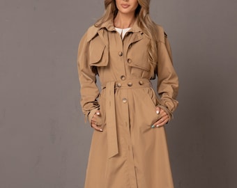 NOUVEAU TRENCH-COAT Veste longue beige printemps/automne, manteau amovible, trench moderne unique, veste légère, trench-coat ceinturé, minimaliste