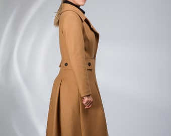 Floor Length Camel Wool Cashmere Coat, Winter Trench Coat, Maxi Fit and Flare Jacket, Custom Elegant Princess Cut Coat, Vintage Style Jacket