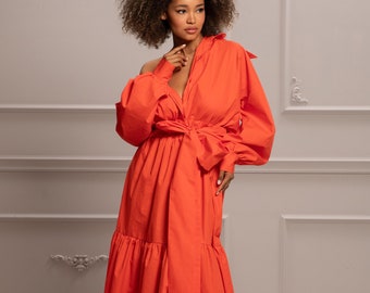 Orange Maxi Summer Dress, Tie Belt Dress, Wedding Guest Dress, Mother Of the Bride Dress, Plus Size Clothing, Long Sleeve Dress,Vivid Outfit
