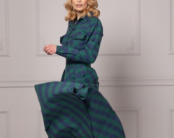 Robe style vintage écossaise verte et bleue, robe édouardienne Walking Prairie, robe écossaise Buffalo, robe de soirée Cottagecore