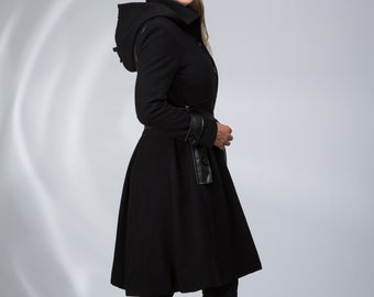 Black Gothic Winter Fit and Flare Coat, Hooded Swing Overcoat, Eco Leather & Wool Overcoat, Plus Size Avantgarde Coat, A-Line Dress Coat