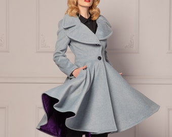 Big Collar Flared Swing Wool Cashmere Coat, Pleated Winter Midi Coat, Fit and Flare Gray Princess Coat,30s Vintage Style Overcoat for Ladies