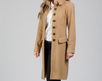 Camel Coat, Cashmere Coat, Wool Midi Coat, Knee Length Beige Coat for Woman, Plus Size Clothing, Collar Coat, Warm Winter Coat, Women Coat