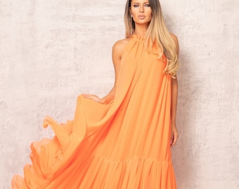 Fairy Sundress, Wedding Guest Dress, Orange Flowy Dress, Floor Length Dress, Plus Size Kaftan Dress, Full Length Dress, Womens Clothing