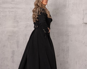 Manteau noir gothique longueur sol, trench d'hiver en laine, pardessus style années 60 maxi, manteau grande taille avec col tendance, long manteau croisé