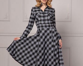 Robe trapèze midi écossaise à carreaux, Robe boutonnée de style écossais, Robe à carreaux avec jupe et taille, Robe de soirée courte pour femme, Robe d'hiver