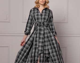 Scottish Plaid Maxi Tafetta Dress, Full Length Button Down Dress, Special Occasion Wedding Guest Dress, Fitted Tartan Checkered Dress