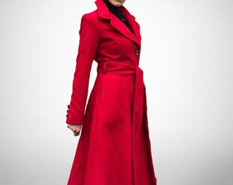 Red Wool Winter Trench Coat, Long Cashmere Wool Coat with Belt, Full Length Dress Coat, Elegant Vintage Style Overcoat, Victorian Wool Coat