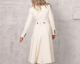 Ivory White Wool Winter Coat, Cream Coat Dress, Long Princess Overcoat, Fit and Flare Wedding Coat, Double Breasted Elegant Midi A-Line Coat