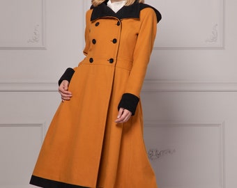 May include: A long, orange coat with a black collar and cuffs. The coat has a double-breasted closure and a flared skirt.