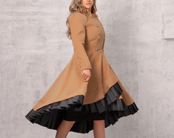Wool Cashmere Swing Camel Coat, Long Romantic Evening Skirt Coat, Winter Asymmetric Trench Coat, Vintage Style Wrap Jacket, Princess Coat