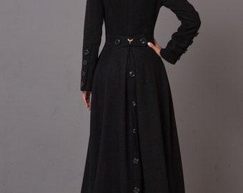 Black Gothic Princess Coat, Victorian Coat, Wool Coat, Winter Coat, Floor Length, Maxi Long Coat, Custom Accessories - US PREPAID TARIFFS
