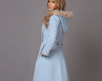 Classy Princess Coat with Faux Fur Hood, Light Blue Floor Length Dress Coat, Vintage Inspired Overcoat, Hooded Winter A-Line Trench Coat